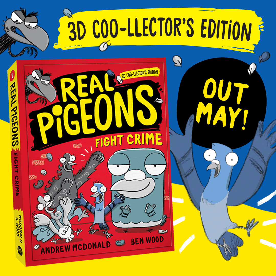 An animated GIF that shows the cover of the book – Real Pigeons Fight Crime (3D Coo-llector's Edition). The animation moves between two illustrations – the pigeons posting normally and the pigeons posing with their powers on show