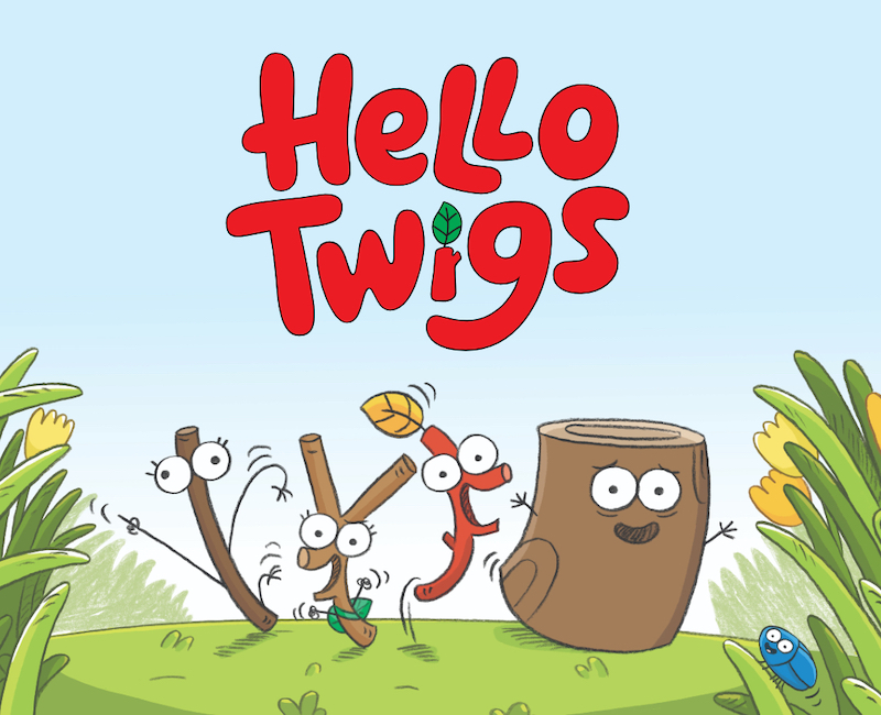 An illustration of the characters from Hello Twigs, with a large, red Hello Twigs logo