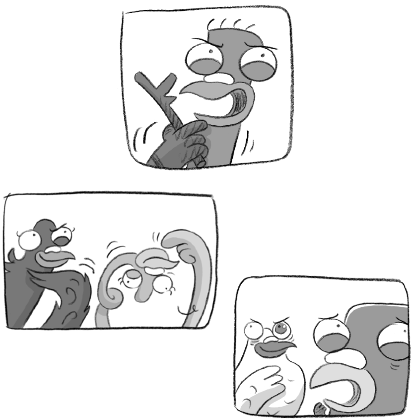 Three comic panels featuring illustration of the Real Pigeons thinking. 